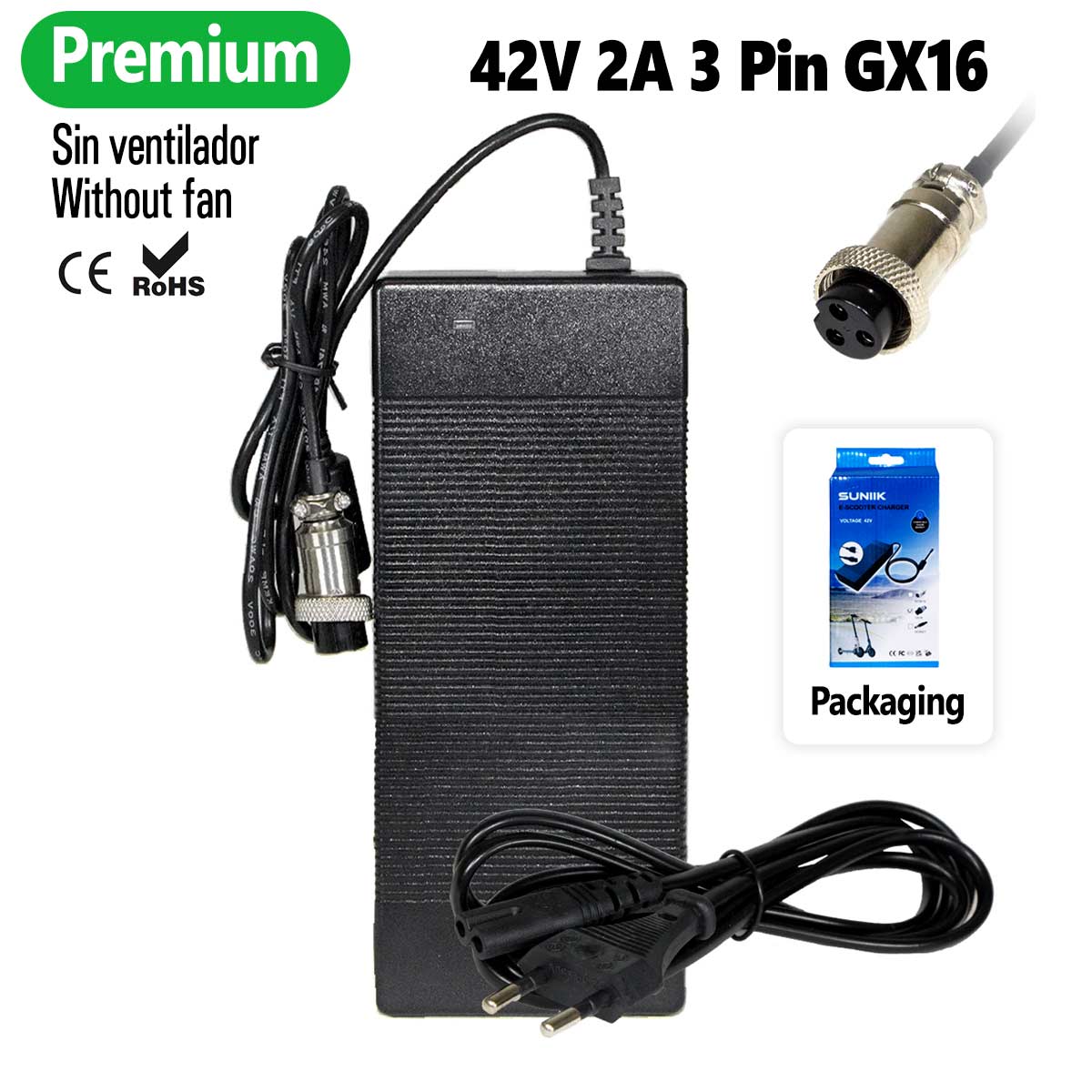 Cargador premium 42V 2A (conector 3 Pines GX16) [Suniik]