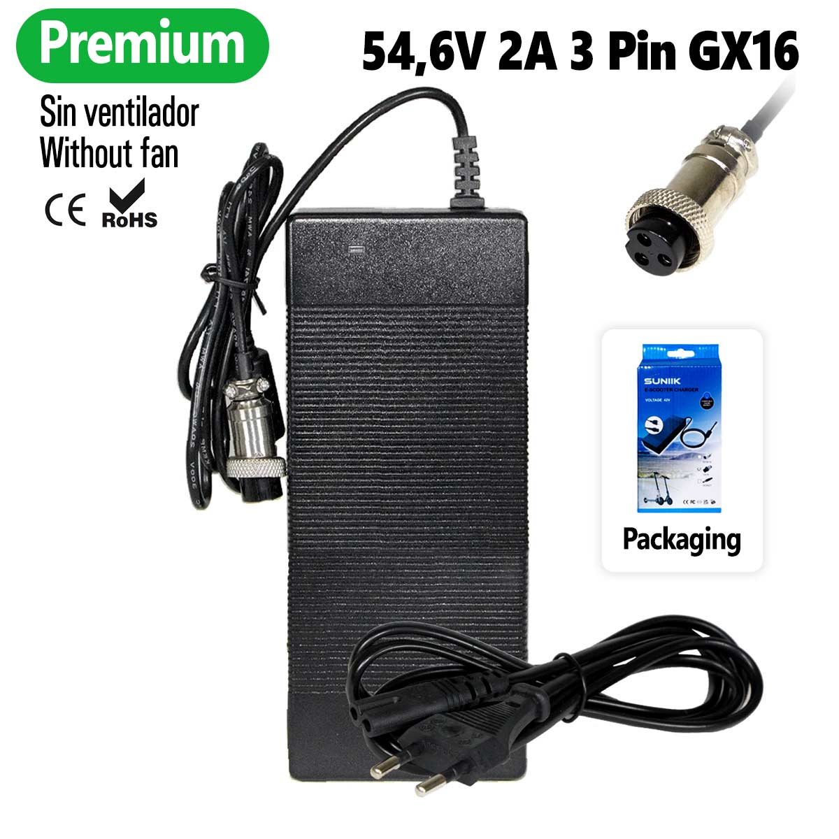 Cargador premium 54,6V 2A (conector 3 Pines GX16) [Suniik]